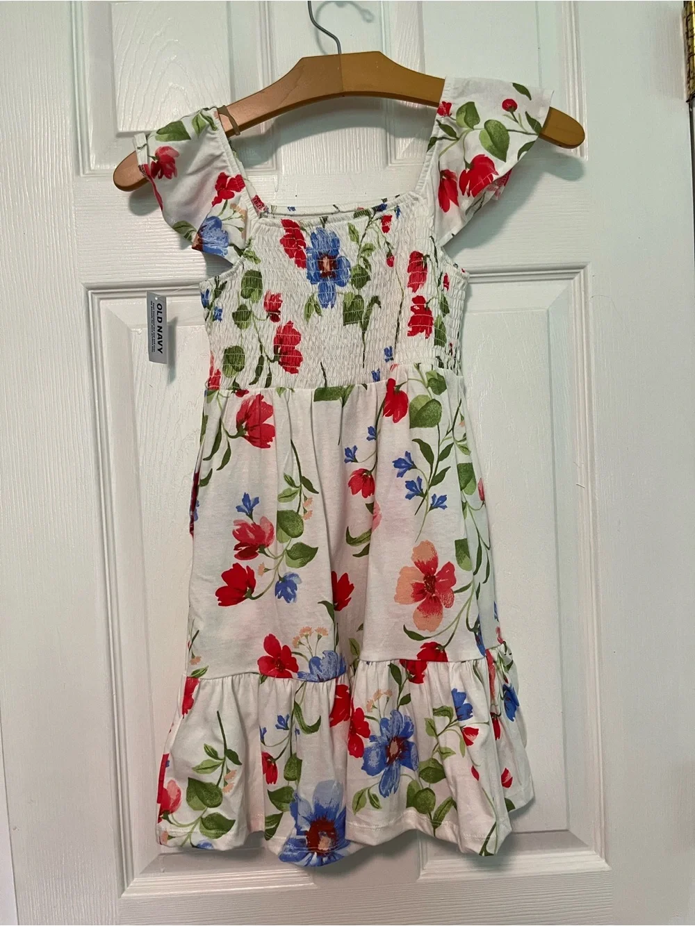 Old Navy Cream Floral Smocked Mini Dress with Pink & Blue Flowers